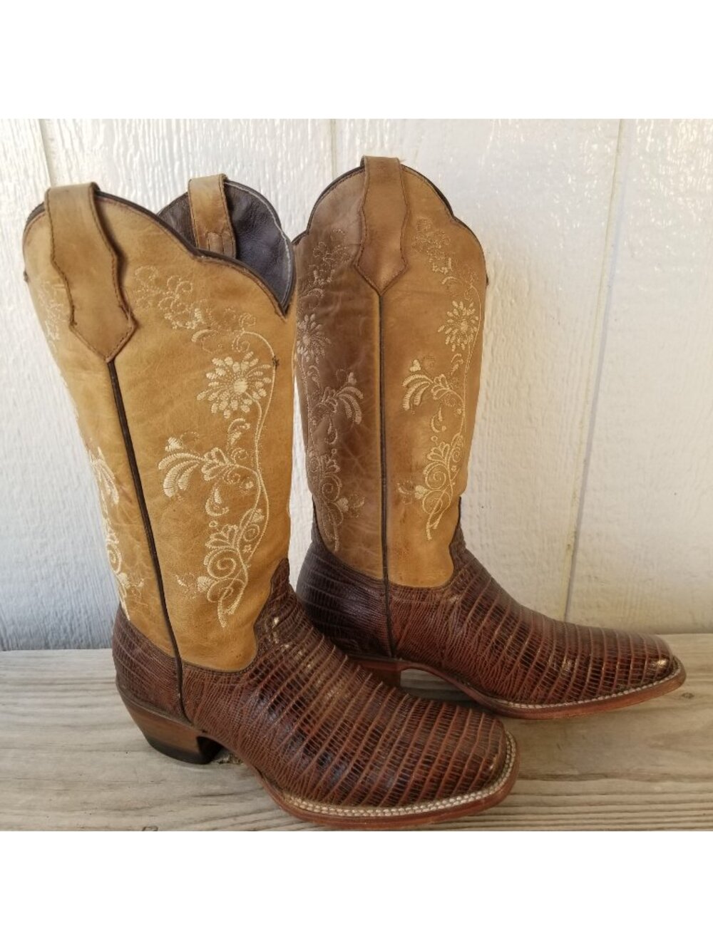 Alfa Womens Leather Brown Lizard Print Floral Embroidered Western Boots US 7